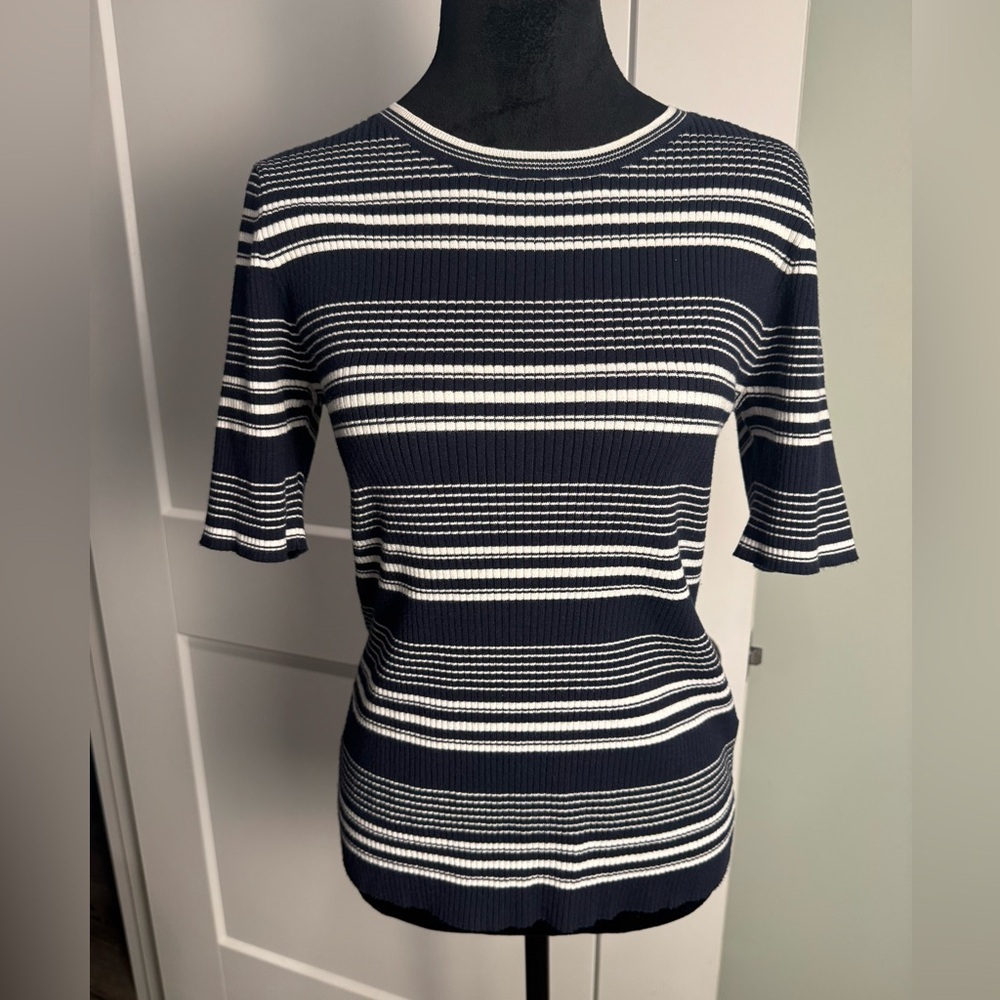 Frame Navy Blue White Striped Fitted ribbed Short Sleeve top
